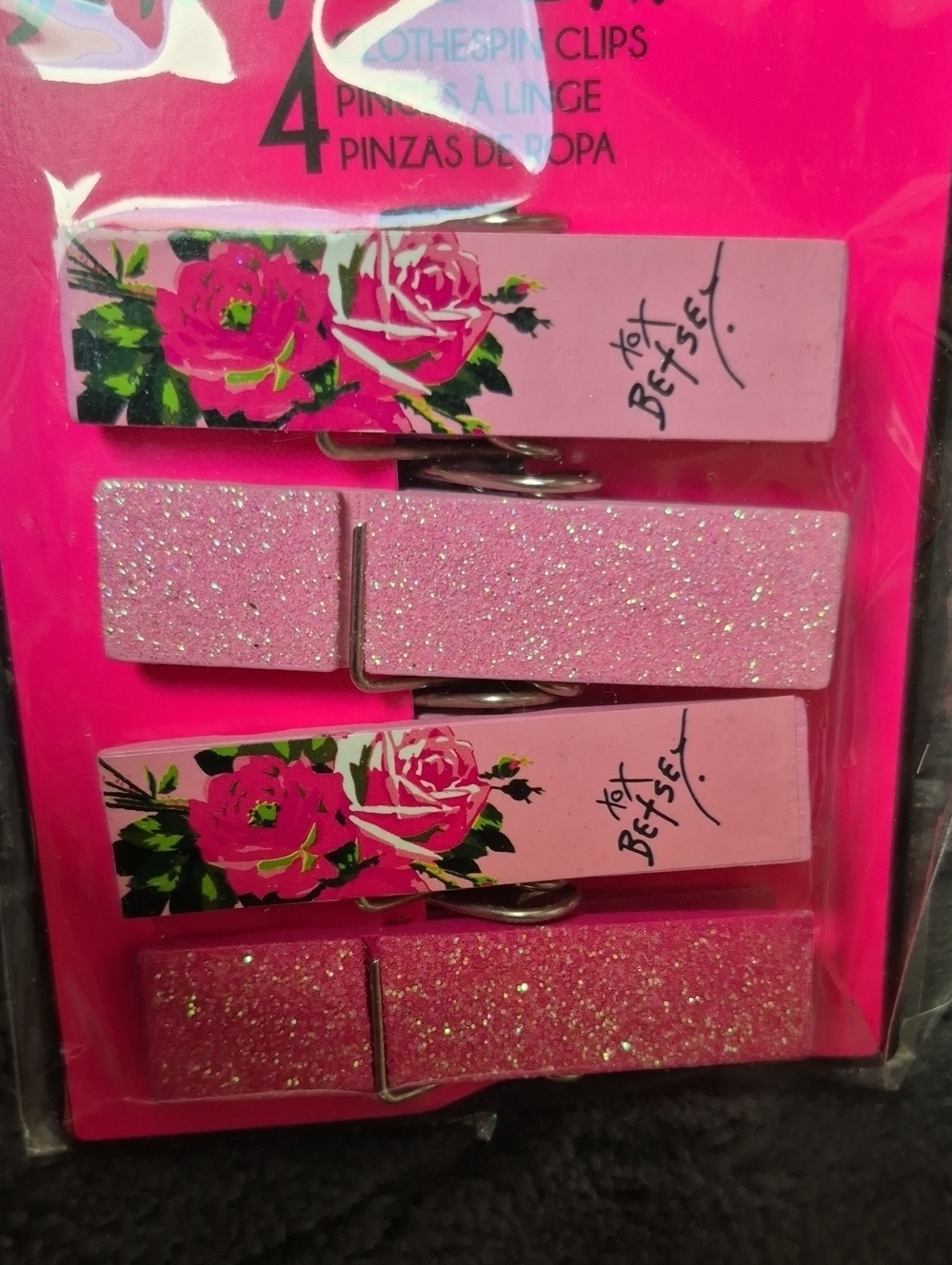 Betsey Johnson Pink Floral & Glitter Clothespin Clips Set of 4, New In Packaging - Picture 3 of 7